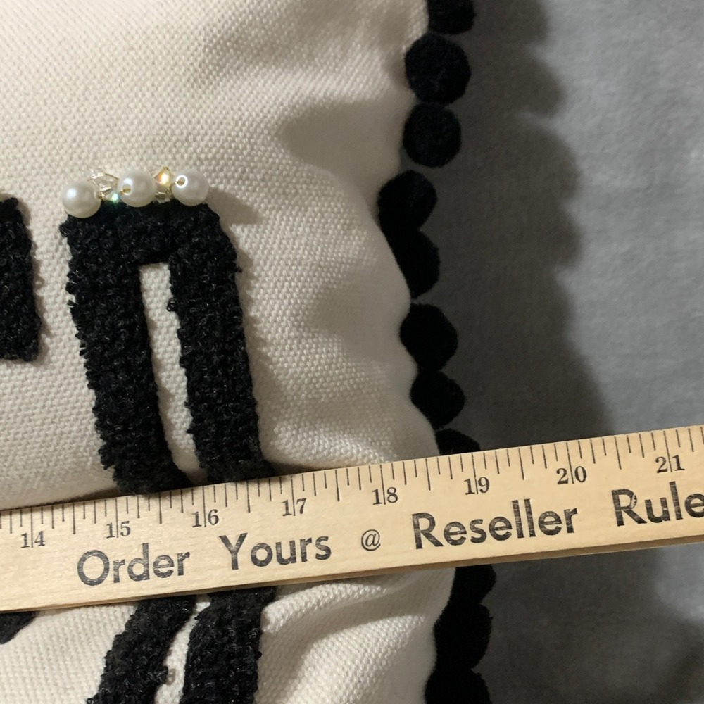 Holiday Noel Pillow Black White Pom Pom Pearl Embellished Throw Pillow Christmas - Picture 9 of 12